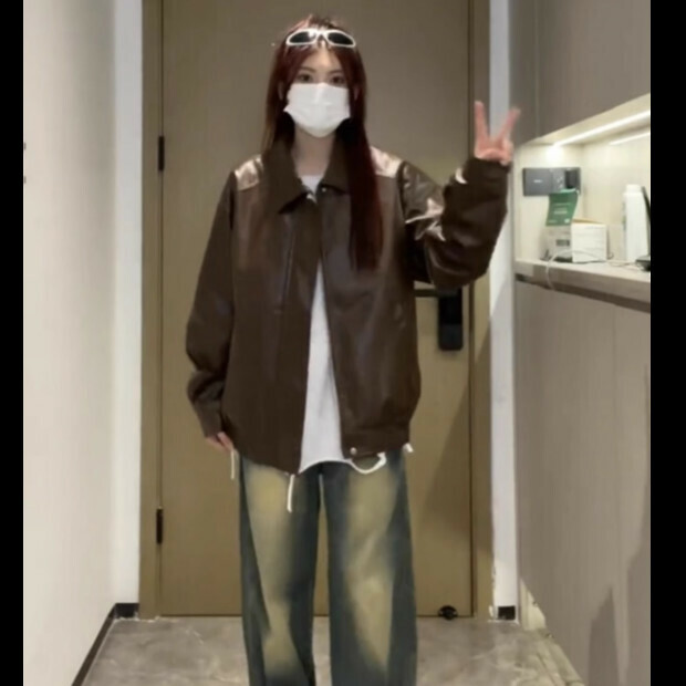 熱賣pu皮夾克潮【棕色】尺碼【S碼—XL碼】【下單後請聯絡客服確認發貨尺碼】