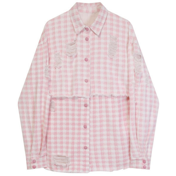 Hot selling ripped shirt (pink plaid) (size S-L) (contact customer service after placing order to confirm delivery size)