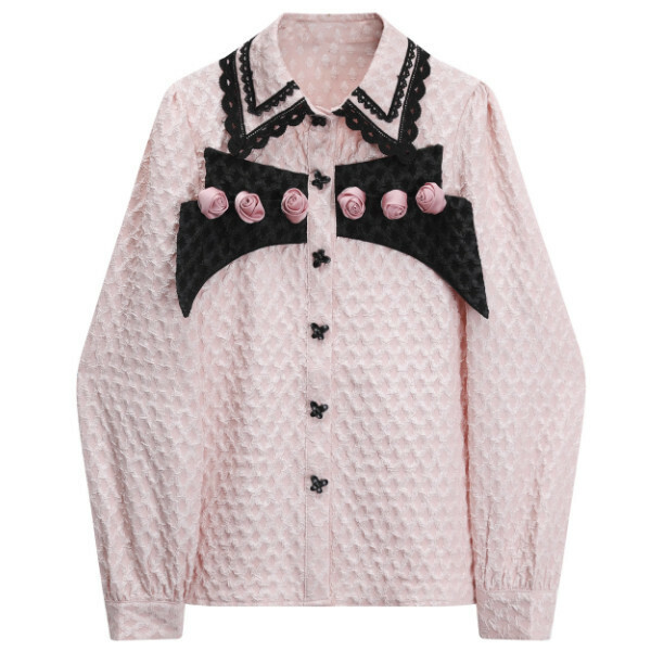 Hot Selling Waffle Grace Lace Shirt (Pink) (S/M Size) (Contact customer service after placing order to confirm delivery size)