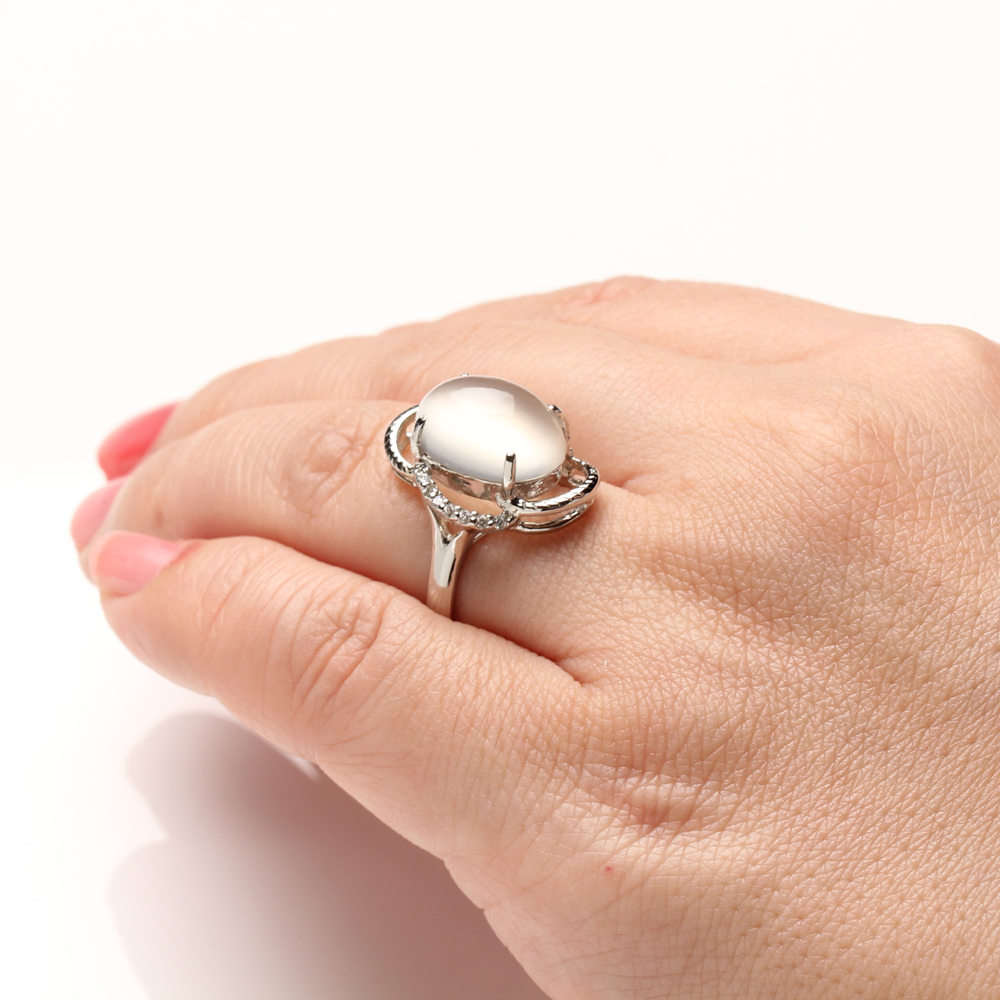 【雅紅珠寶】天然貓眼月光石戒指-10*14mm-活圍設計-925銀飾-R0438