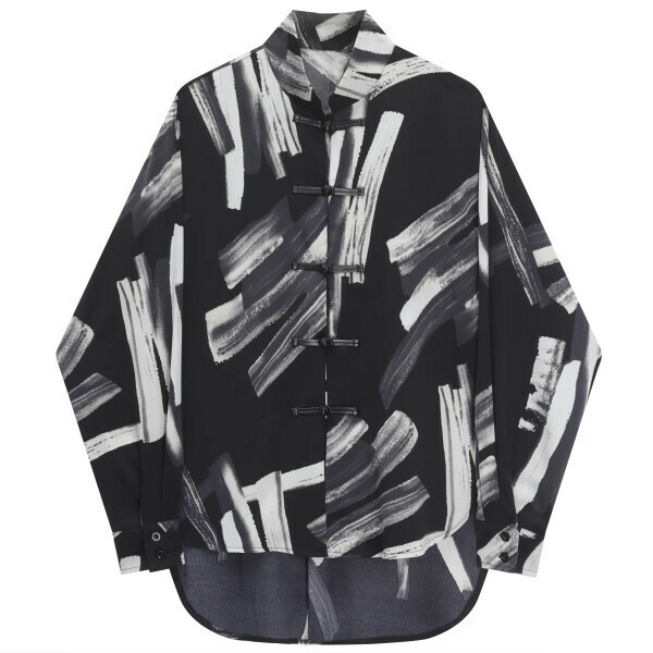 Hot Selling Irregular Printed Button Stand Collar Shirt (Black) (M-XL Size) (Contact customer service after placing the order to confirm the delivery size)