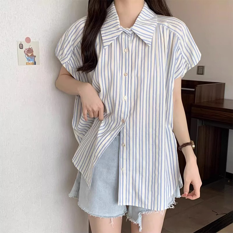Hot selling striped short-sleeved shirt (blue and white, S-XXL) (please contact customer service to confirm the delivery size after placing the order)