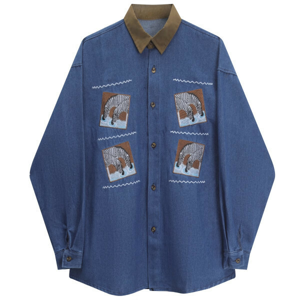 Hot selling zebra embroidered denim long-sleeved shirt (blue) (S-XL size) (contact customer service after placing the order to confirm the delivery size)