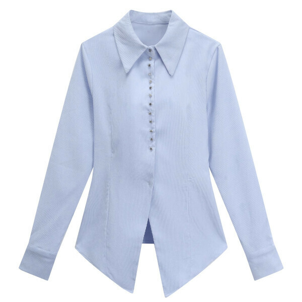 Hot selling mid-length star button-down shirt (light blue) (size S-L) (contact customer service after placing the order to confirm the delivery size)