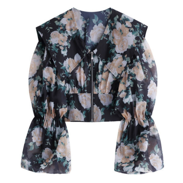 Hot selling zippered long-sleeved floral shirt (black) (size S-L) (contact customer service after placing the order to confirm the delivery size)