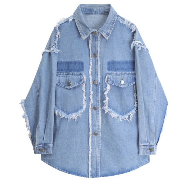 Hot selling raw edge loose denim shirt (Lake blue) (S-L size) (contact customer service after placing the order to confirm the delivery size)
