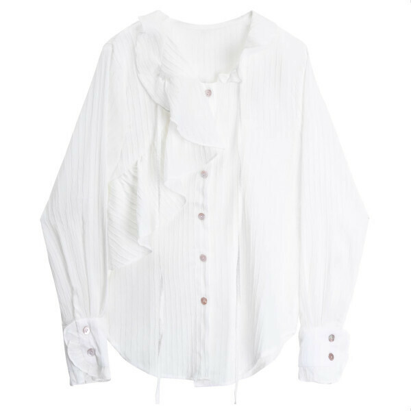 Hot selling ruffled irregular lace long-sleeved shirt (white) (size S-L) (contact customer service after placing the order to confirm the delivery size)