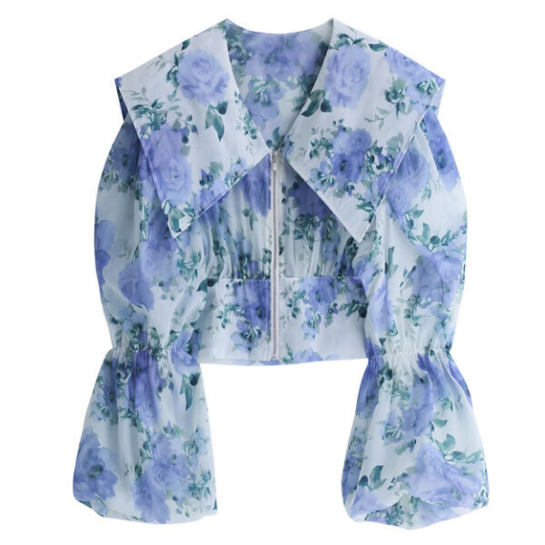 Hot selling zippered long-sleeved floral shirt (blue) (size S-L) (contact customer service after placing the order to confirm the delivery size)