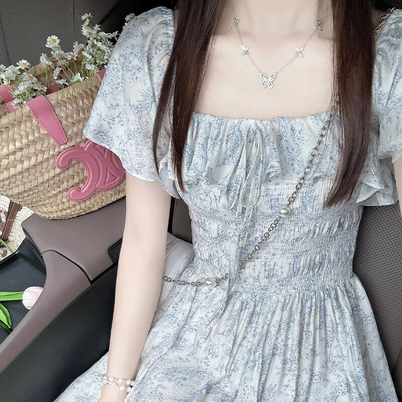Hot selling puff sleeve floral dress (blue size S-XXL) (please contact customer service to confirm the delivery size after placing the order)