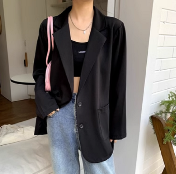 激抵寬松休閑中長款西服外套（黑色）（尺碼:均碼)
