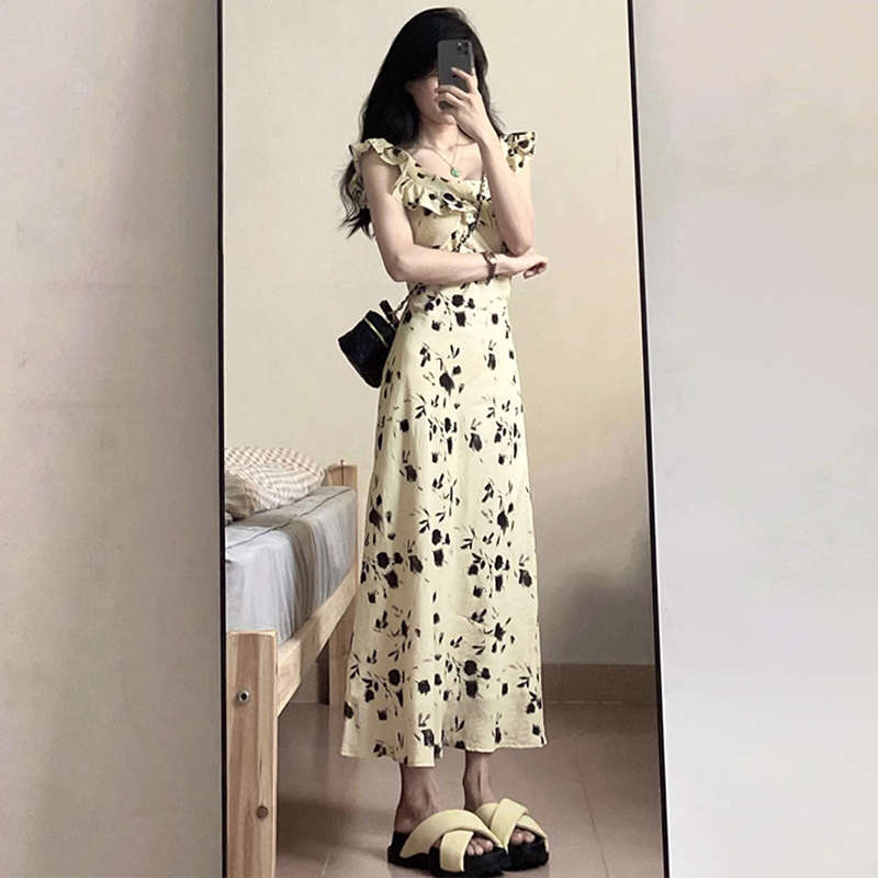 Hot selling small flying sleeve floral dress (picture color S size-XXXL size) (please contact customer service to confirm the delivery size after placing the order)