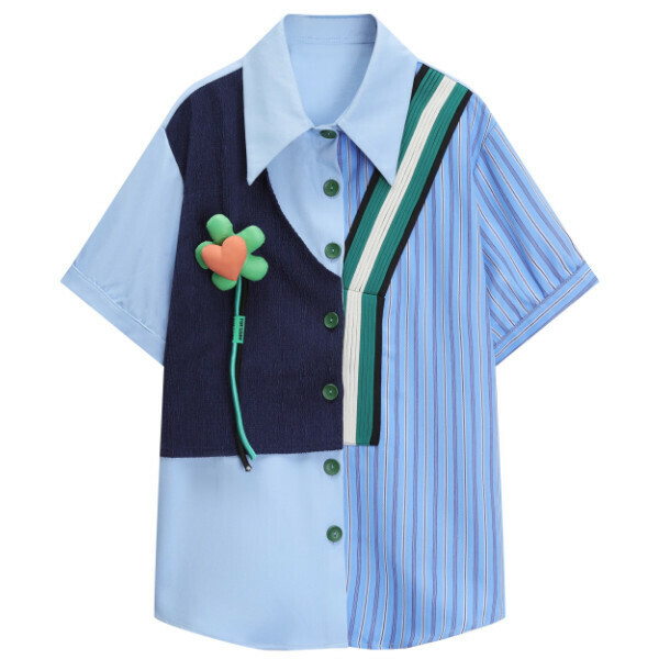 Hot selling fake two-piece asymmetrical splicing short-sleeved shirt (picture color) (S-XL size) (contact customer service after placing the order to confirm the delivery size)