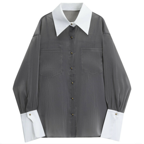 Hot selling loose contrast color long-sleeved shirt (high-end gray) (S-L size) (contact customer service after placing the order to confirm the delivery size)