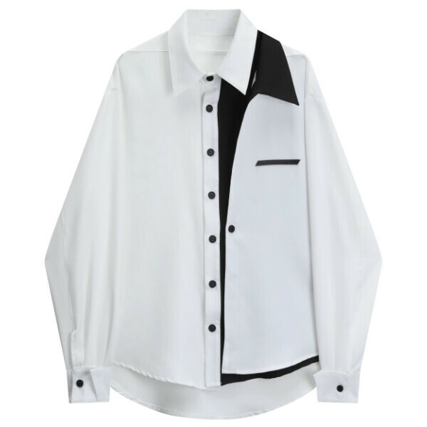 Hot selling layered stitching contrasting long-sleeved shirt (white) (S-XL size) (contact customer service after placing the order to confirm the delivery size)