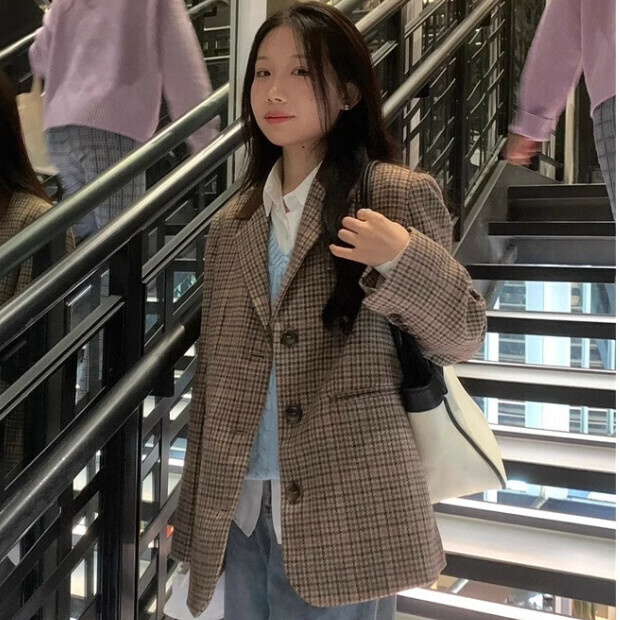 Hot Selling Retro Plaid Blazer [Coffee Plaid] Sizes [S-XL] [Please contact customer service to confirm the delivery size after placing the order]