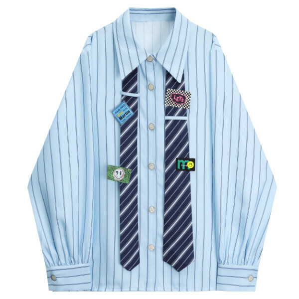 Hot selling contrasting color tie decorated striped shirt (blue) (S/M size) (contact customer service after placing the order to confirm the delivery size)