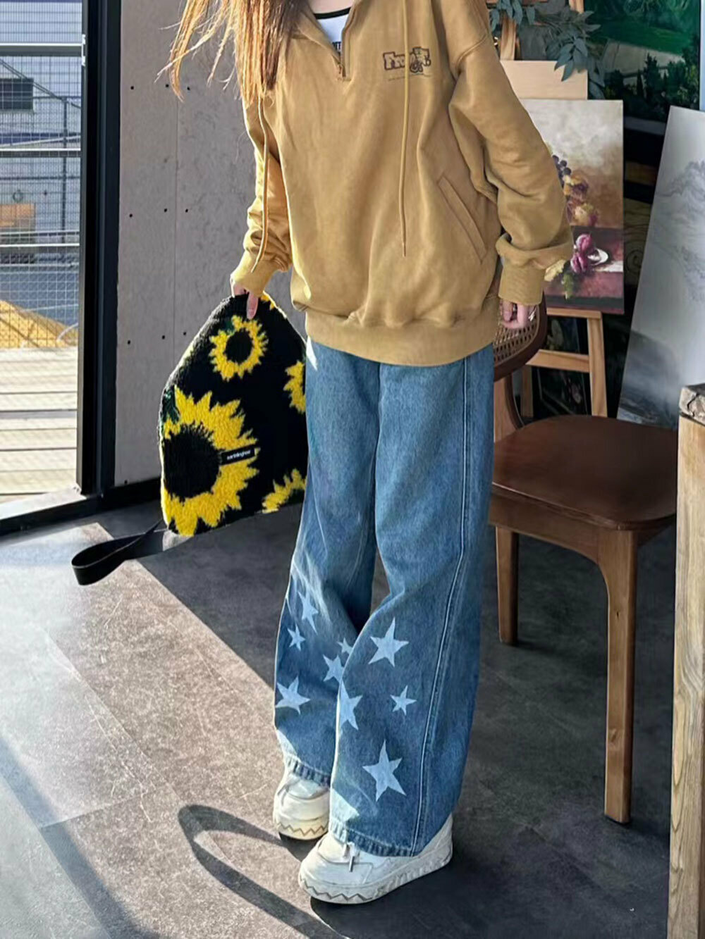 熱賣設計感小眾星星印花牛仔褲女美式復古高腰寬鬆直筒闊腿褲ins潮牌（下單後聯絡客服確認發貨尺碼）