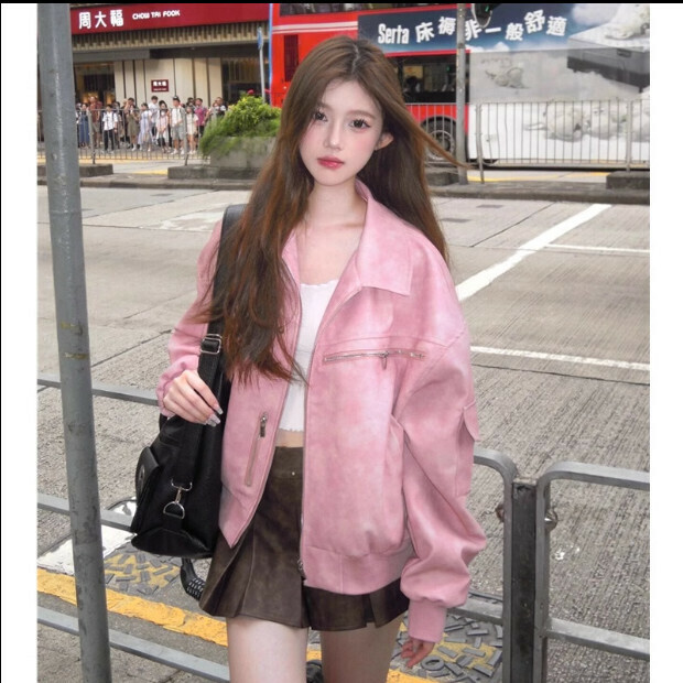 熱賣休閒機車pu皮夾克【Pink】尺碼【S碼—XL碼】【下單後請聯絡客服確認發貨尺碼】