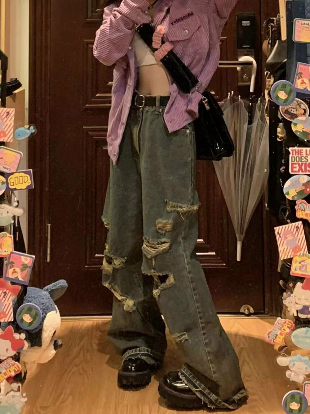 Hot selling American ins retro washed ripped jeans for women in early spring high street hot girls loose slimming straight pants trendy (contact customer service after placing the order to confirm the delivery size)
