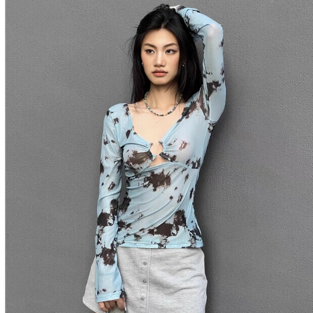 Hot selling pure lust style V-neck mesh sexy top [Lake Blue] Sizes [S-XL] [Please contact customer service after placing the order to confirm the delivery size]