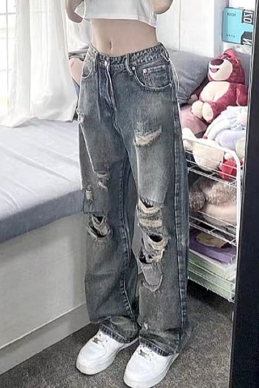 Hot selling American vibe retro washed distressed ripped jeans for women high street hip hop loose straight pants (contact customer service after placing the order to confirm the delivery size)