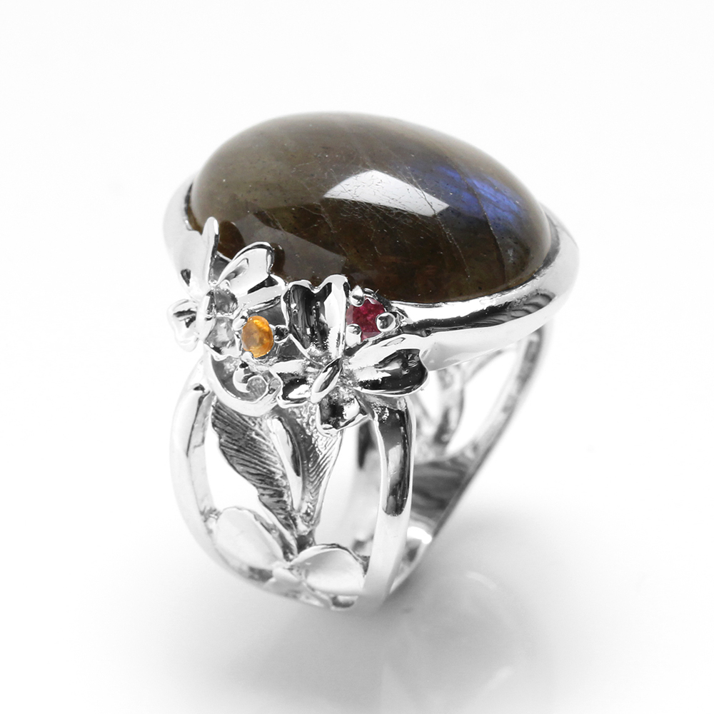 【雅紅珠寶】神秘色彩天然拉長石戒指-15*20mm-925銀飾-R0464