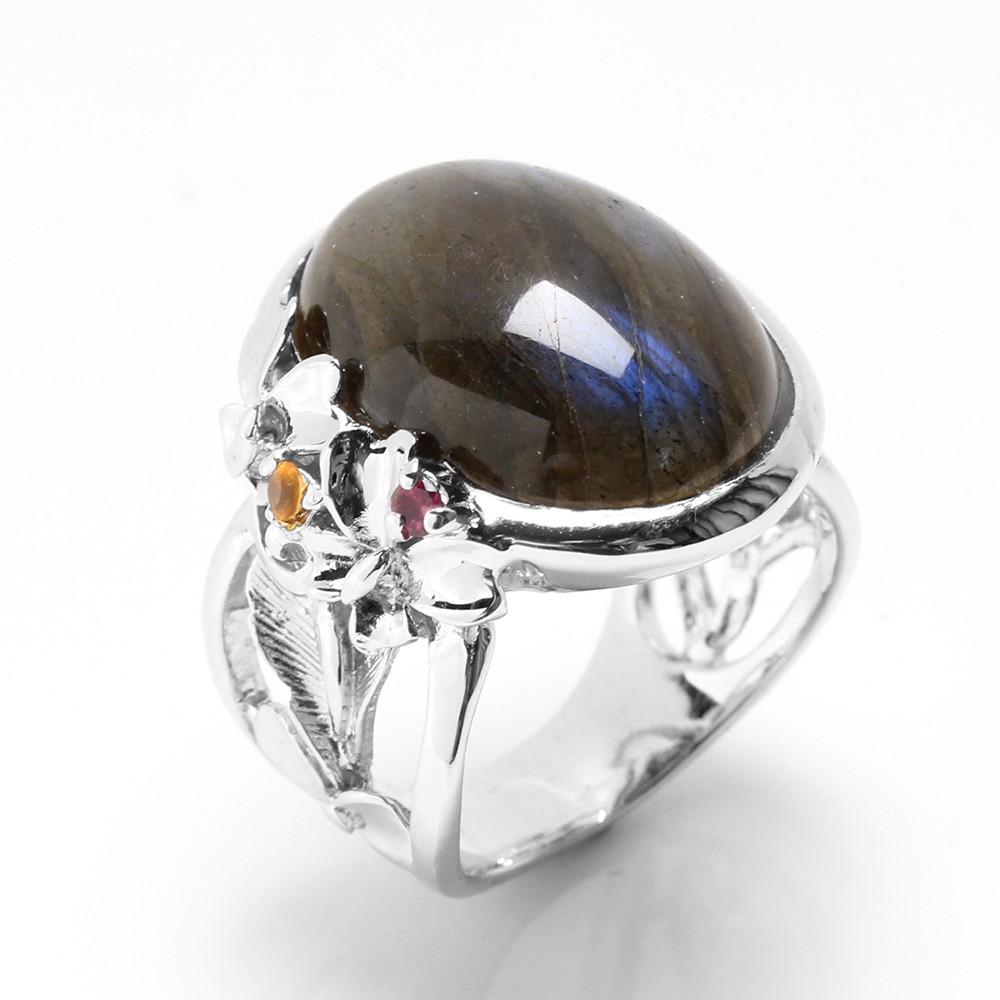 【雅紅珠寶】神秘色彩天然拉長石戒指-15*20mm-925銀飾-R0464