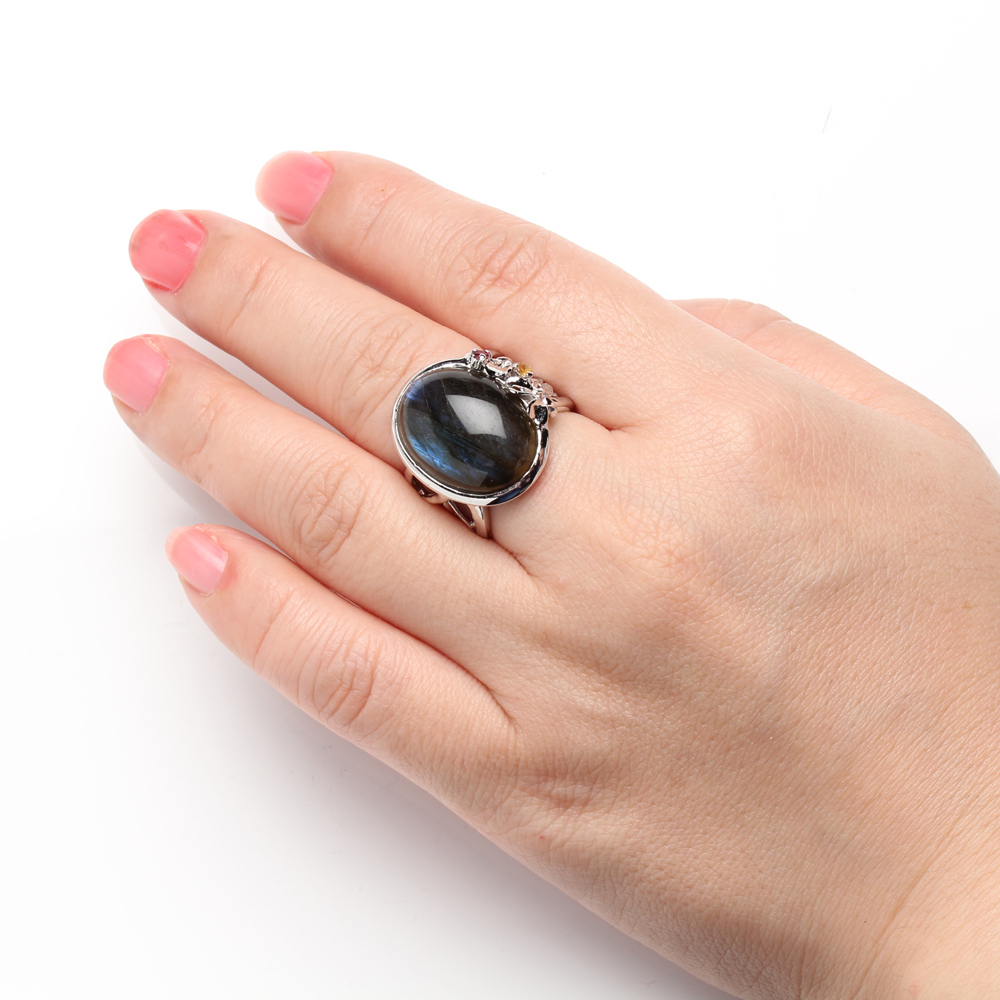 【雅紅珠寶】神秘色彩天然拉長石戒指-15*20mm-925銀飾-B454