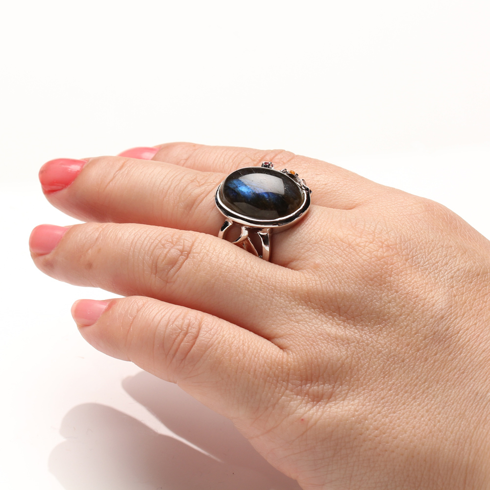 【雅紅珠寶】神秘色彩天然拉長石戒指-15*20mm-925銀飾-B454