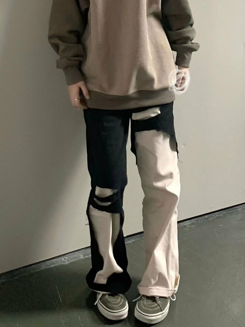 熱賣美式vibe復古拼接撞色破洞牛仔褲女高街寬鬆直筒工裝褲ins潮（下單後聯絡客服確認發貨尺碼）