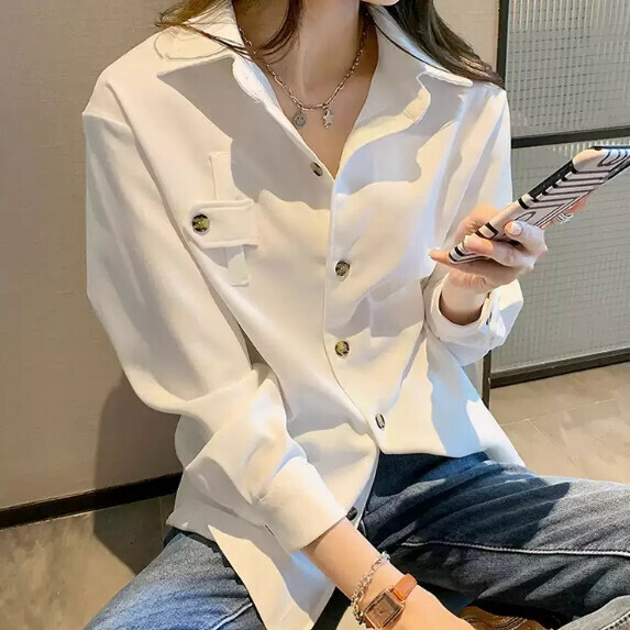 Retro Long-sleeved Shirt Women's Spring and Autumn (White [S_2XL Size] (Contact customer service to confirm the shipping size after placing an order)