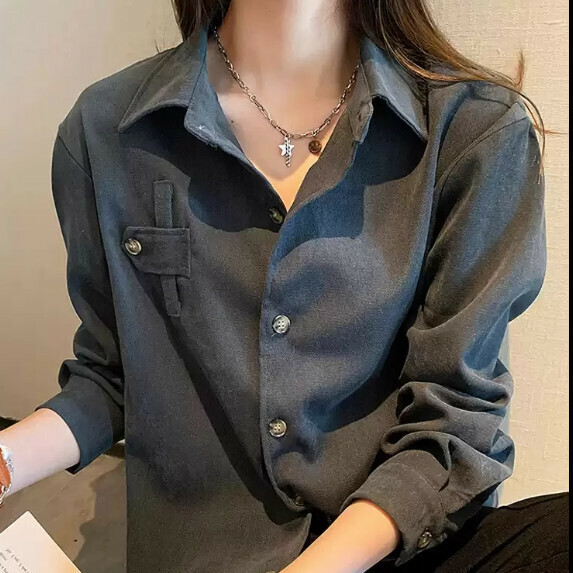 Retro Long-sleeved Shirt Women's Spring and Autumn (Gray [S_2XL Size] (Contact customer service to confirm the shipping size after placing an order)