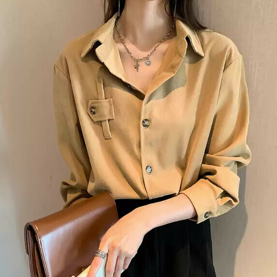 Retro Long-sleeved Shirt Women's Spring and Autumn (Khaki [S_2XL size] (contact customer service to confirm the shipping size after placing an order)