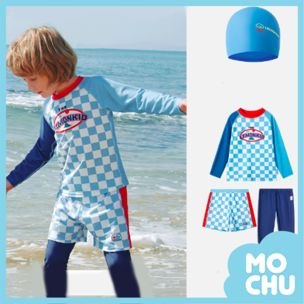 棋盤格長袖三件式泳裝(送泳帽)