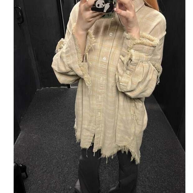 Hot selling raw edge plaid long-sleeved shirt [khaki plaid] size [S-XL] [please contact customer service after placing the order to confirm the delivery size]