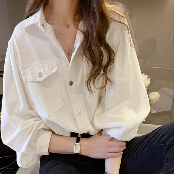 Denim Shirt Women's Spring Dress (White [S_L Size] (Contact customer service to confirm the shipping size after placing an order)