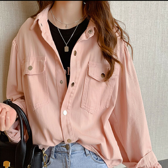 Denim Shirt Women's Spring Wear (Pink [S_L size] (contact customer service to confirm the shipping size after placing an order)