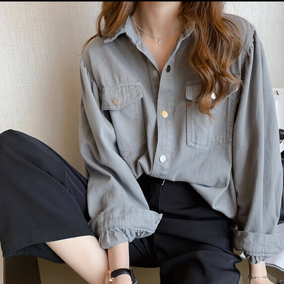 Denim Shirt Women's Spring Wear (Gray [S_L Size] (Contact customer service to confirm the shipping size after placing an order)