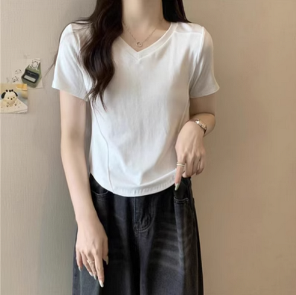 Solid Color Thread Versatile V-Neck Short Sleeve T-Shirt (Apricot) (Size: S-2XL) (Contact customer service to confirm the shipping size after placing an order)
