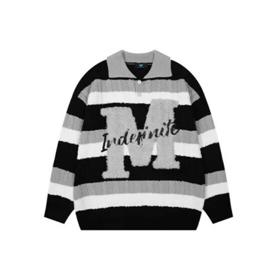 Hot selling POLO collar striped sweater color block sweater [black] [M-XL size] (please contact customer service to confirm the delivery size after placing the order)