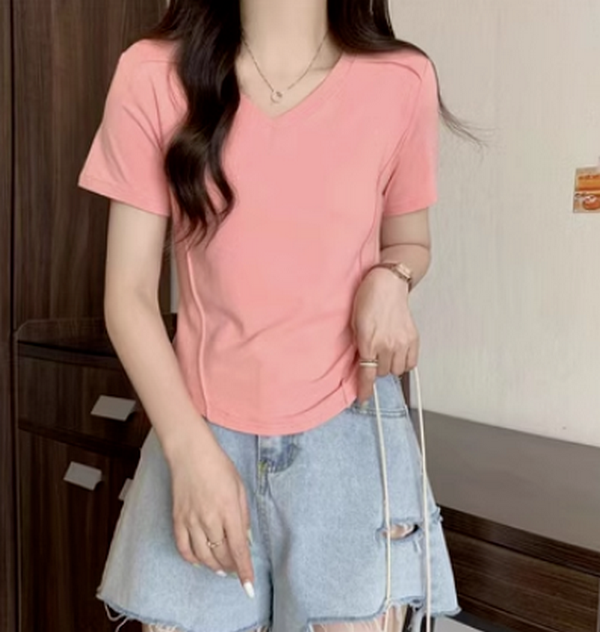 Solid Color Thread Versatile V-Neck Short Sleeve T-Shirt (Pink) (Size: S-2XL) (Contact customer service to confirm shipping size after placing an order)