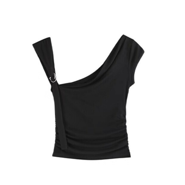 Hot Selling One Shoulder Silver Buckle Top [Black] Sizes [S-XL] [Please contact customer service to confirm the delivery size after placing the order]
