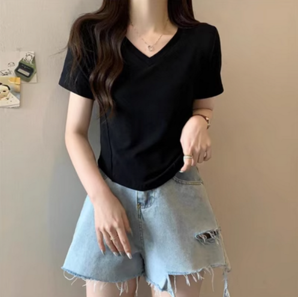 Solid Color Thread Versatile V-Neck Short Sleeve T-Shirt (Black) (Size: S-2XL) (Contact customer service to confirm shipping size after placing an order)