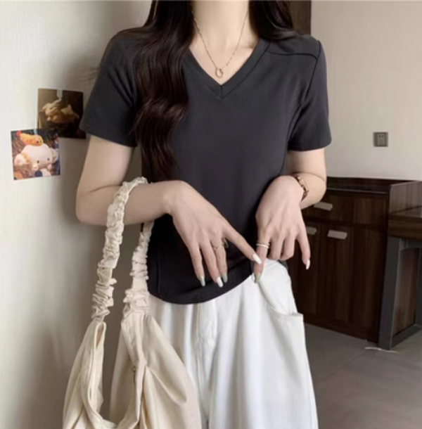 Solid Color Threaded Versatile V-Neck Short Sleeve T-Shirt (Dark Gray) (Size: S-2XL) (Contact customer service to confirm shipping size after placing an order)