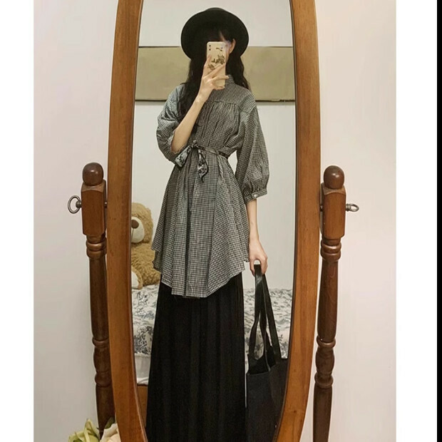 Hot selling mid-length lantern sleeve shirt [plaid] size [S-XL] [please contact customer service to confirm the delivery size after placing the order]