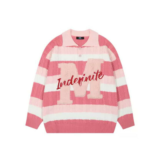 Hot selling POLO collar striped sweater color block sweater [pink] [size M-XL] (please contact customer service to confirm the delivery size after placing the order)