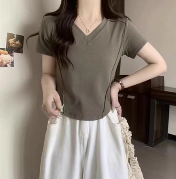 Solid Color Thread Versatile V-Neck Short Sleeve T-Shirt (Pickle Green) (Size: S-2XL) (Contact Customer Service to confirm the shipping size after placing an order)