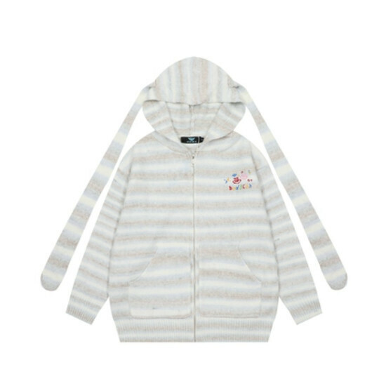 Hot selling long ear striped color block hooded sweater [white and gray block] [M-XL size] (please contact customer service to confirm the delivery size after placing the order)