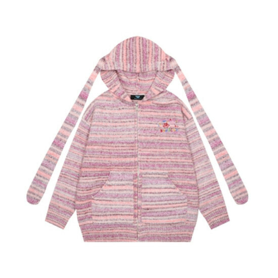 Hot selling long ear striped color block hooded sweater [Purple and Red Block] [M-XL] (please contact customer service to confirm the delivery size after placing the order)