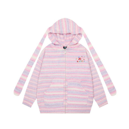 Hot selling long ear striped color block hooded sweater [pink blue block] [M-XL size] (please contact customer service to confirm the delivery size after placing the order)